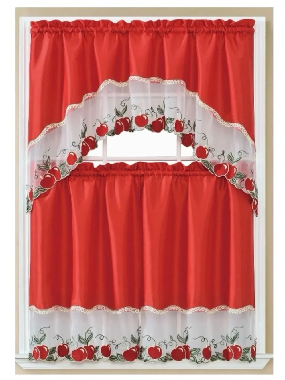 New Red Apple Kitchen Curtains - 3-Piece Set